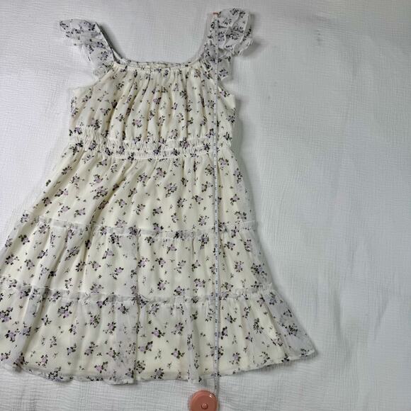 Floral Chiffon Tiered Mini Dress Women's XL Ivory Cottagecore Coquette Prarie - Picture 5 of 16